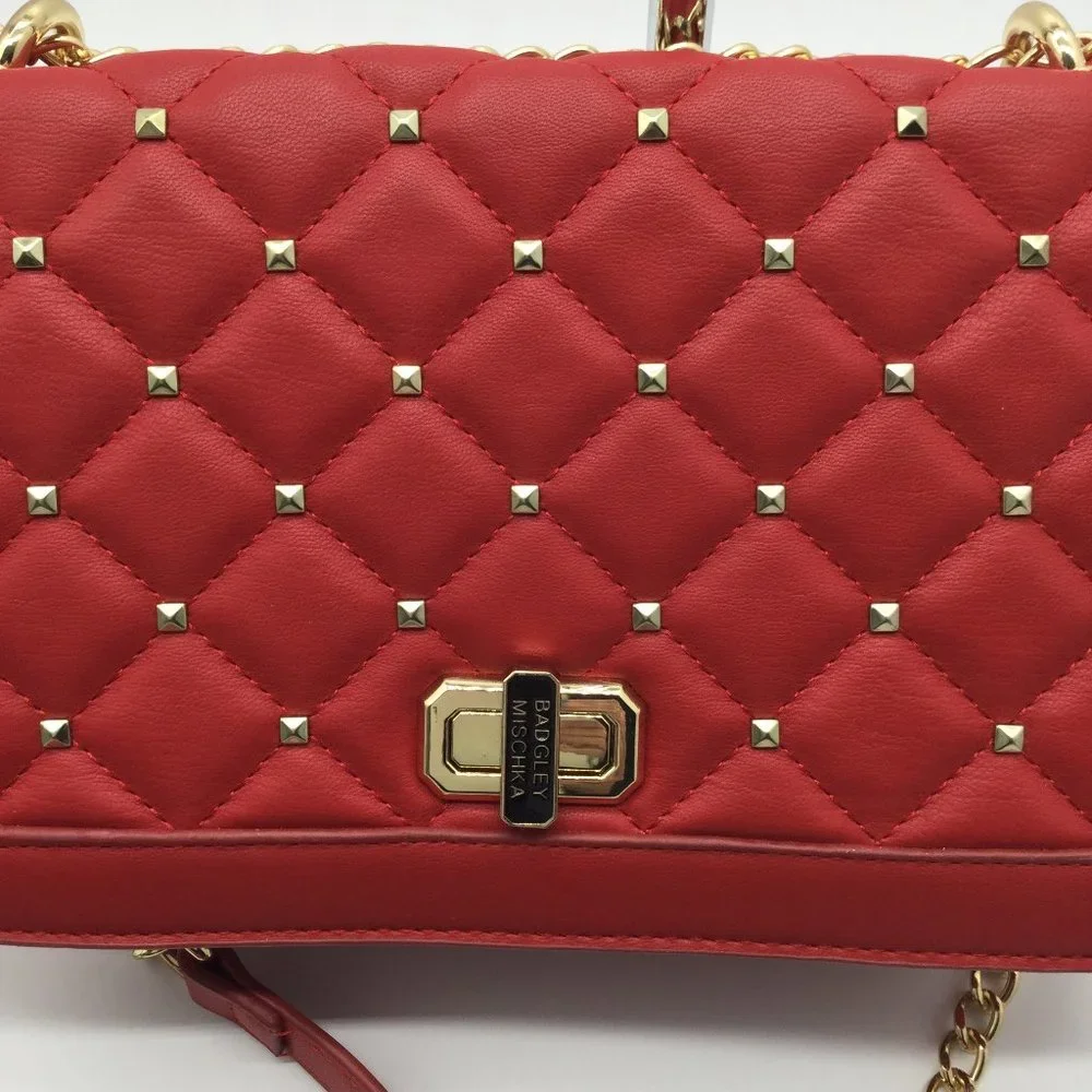 Badgley Mischka Red Quilted Flap Faux Leather Purse